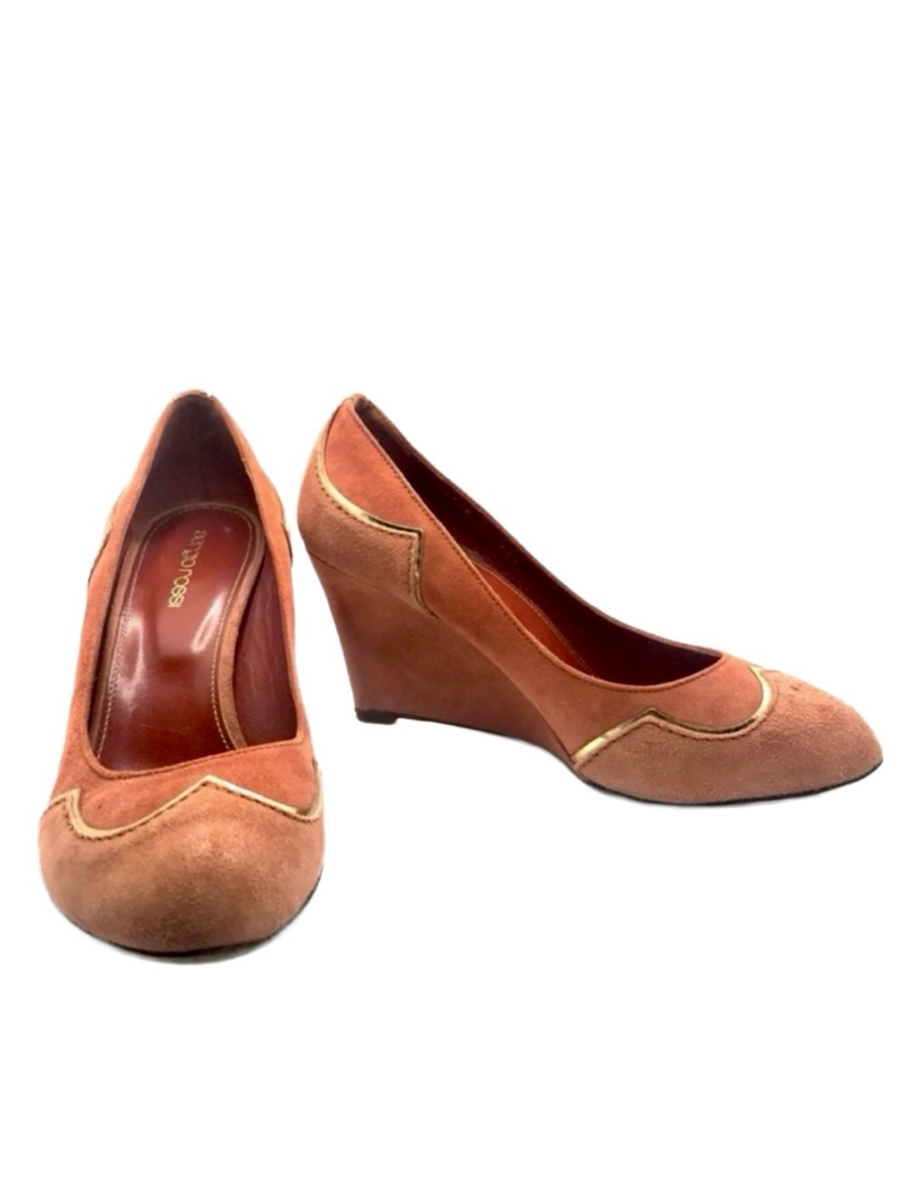 SERGIO ROSSI ORANGE SUEDE WITH GOLD ACCENTS WEDGE HEEL SHOES (36.5)
